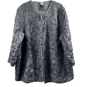 Chicos Women Jacket XL Gray Ribbon Sheer 3/4 Sleeve Magnetic Closure Lightweight